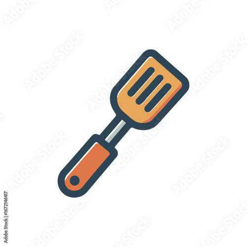 A colorful kitchen spatula resting on a clean countertop with subtle kitchen elements in the background