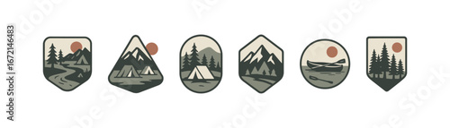 Outdoor adventure badge collection featuring nature and camping in retro style