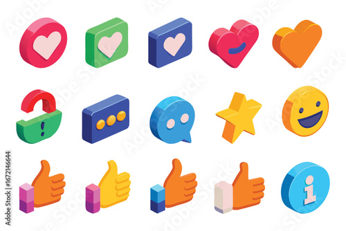 Set of fifteen colorful isometric social media icons including hearts thumbs up and smiley faces