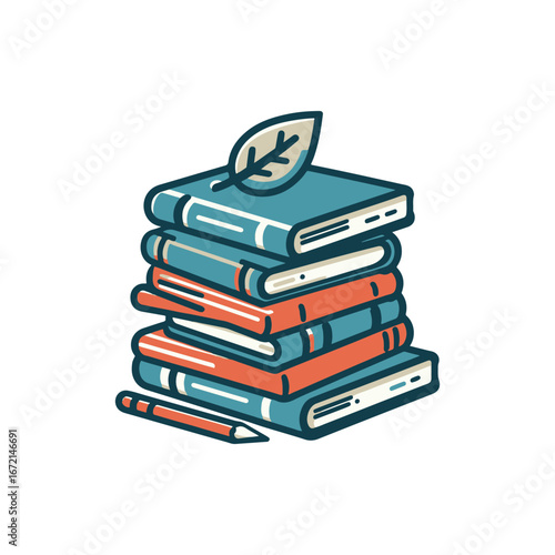 A colorful stack of books with a leaf on top, surrounded by a serene study environment