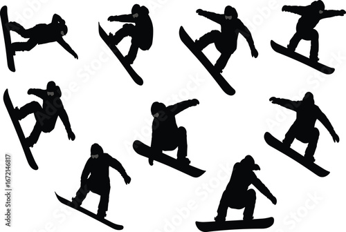 Snowboarder silhouette set, extreme sport vector, freestyle jump icons, winter action graphic pack, dynamic snowboarding illustration design