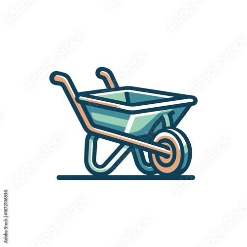 A colorful wheelbarrow positioned on a flat surface, ideal for gardening or construction use, with a minimalistic background