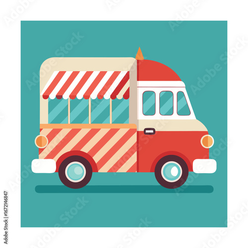 Food truck with diagonal stripes and awning vehicle
