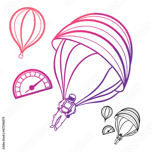 Skydiver with Parachute and Hot Air Balloon in Pink Purple Gradient and Black Outline skydiving