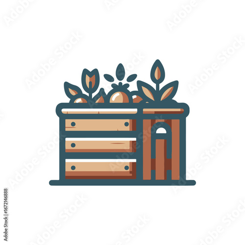 A colorful wooden planter box filled with vibrant plants, set against a clean white background