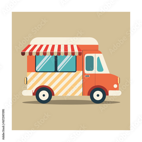 Orange food truck with striped awning on beige background