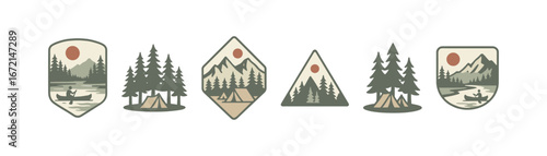 Vintage adventure badges with nature and camping scenes