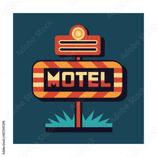 Retro motel sign with grass and striped banner vintage