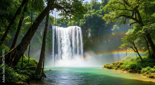 Majestic Waterfall with Rainbow in Lush Green Forest Landscape.