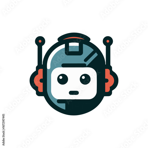 A futuristic robot character with headphones, set against a minimalist white background