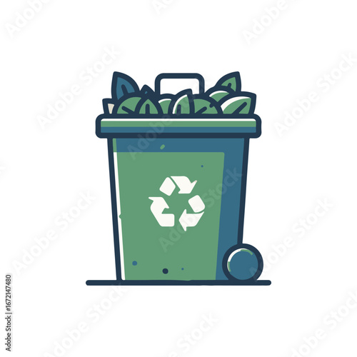 A green recycling bin filled with leaves, placed beside a ball on a white background
