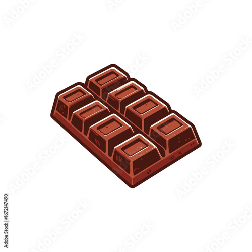 A close-up view of a chocolate bar with distinct segments on a clean white background