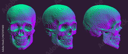 Human skull made of stacked voxel cubes showing people as data. Voxel skull art. Futuristic symbol merging nature and digital technology. Human life as structured information and part of digital world