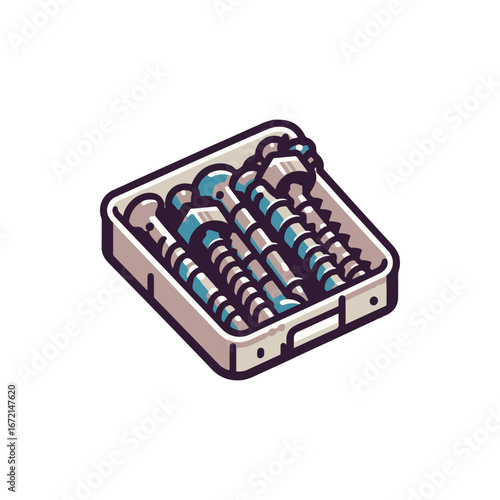 A collection of various mechanical screws arranged neatly in a storage box for easy access