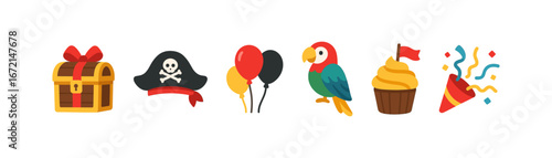 Pirate party icons: treasure, parrot, hat, balloons, cupcake, confetti in flat style