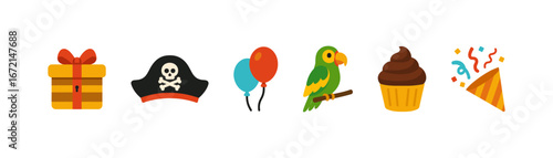 Festive pirate party icons: gift, captain hat, balloon, parrot, cupcake, confetti