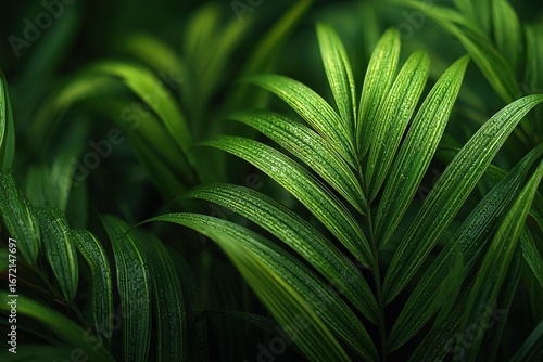 Lush green leaves glistening with water droplets in a vibrant forest setting during early morning light