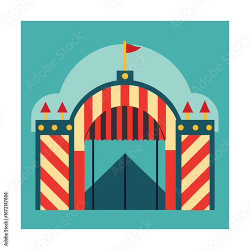 Stylized Circus Entrance with Flags and Arrows tent