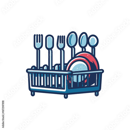 A colorful dish rack filled with clean utensils and plates, set against a bright kitchen background