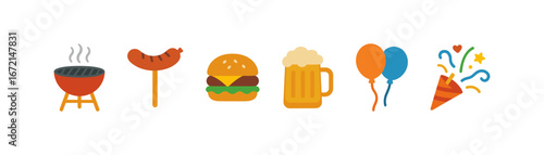 Colorful flat icons of barbecue grill, sausage, burger, beer, balloons, and party popper