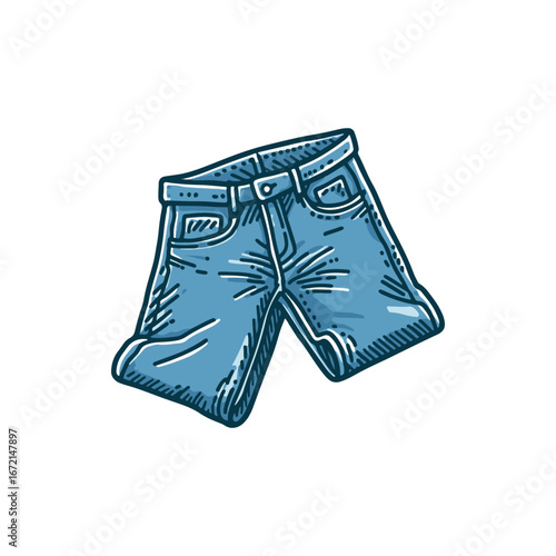 A pair of stylish blue denim shorts displayed artistically on a white background