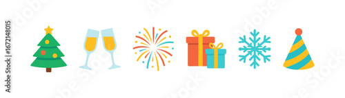 Festive holiday icon set: christmas tree, gifts, champagne, fireworks, snowflake, party hat
