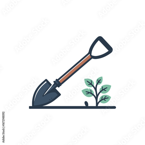 A shovel digging into the soil beside a small plant, symbolizing gardening and growth