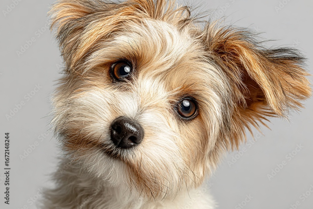 Cute small dog with fluffy fur poses against a light background in a studio setting Cute small dog with fluffy fur poses against a light background in a studio setting