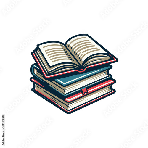 A stack of colorful, illustrated books with an open book on top, symbolizing knowledge and learning