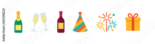 Festive icons: champagne, wine, party hat, fireworks, and gift in flat design