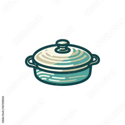 A colorful, stylized cooking pot with a lid, set against a plain background, ideal for culinary themes