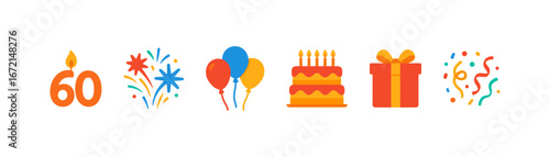 Festive birthday celebration icons: balloons, cake, gifts, and fireworks for a 60th party