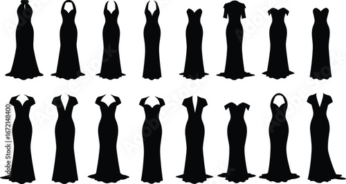 Elegant black evening gown silhouettes set, formal fashion dress icons collection, stylish woman apparel vector illustration, party wear designs.