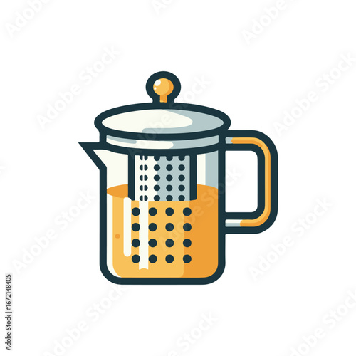 A stylish glass teapot with a strainer, filled with brewed tea, on a clean white background