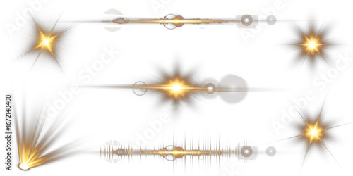 Vector set of glowing lens flares. Isolated star light effects, bright sun rays, sparkles, transparent glare and shiny bursts for realistic photography overlays, graphic design, and illumination.