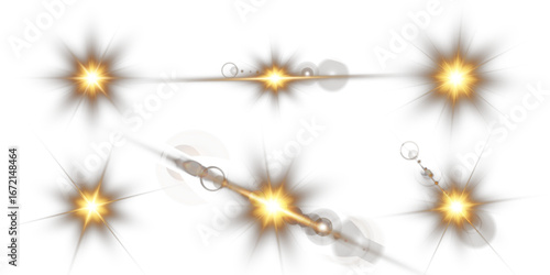Vector set of glowing lens flares. Isolated star light effects, bright sun rays, sparkles, transparent glare and shiny bursts for realistic photography overlays, graphic design, and illumination.