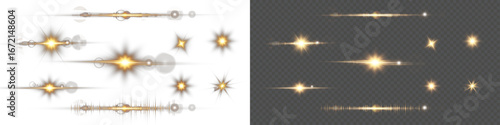 Realistic lens flare vector effects. Star light glow, shiny spark bursts, transparent flash rays and isolated sun beams for digital overlays, abstract backgrounds, photo edits and design projects.