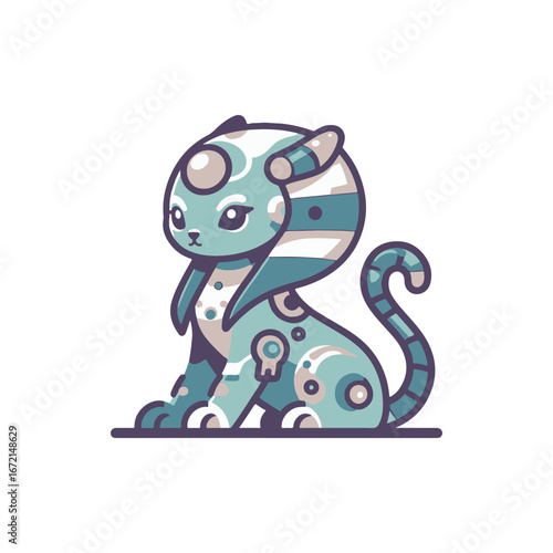 A stylized robotic cat character sitting gracefully with a futuristic design against a plain background