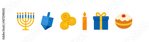 Hanukkah celebration icons: menorah, dreidel, coins, candle, gift, and doughnut