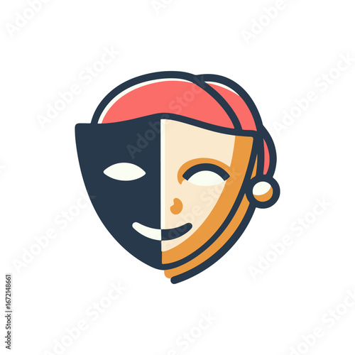 A stylized illustration of a dual-faced mask representing comedy and tragedy, set against a plain background