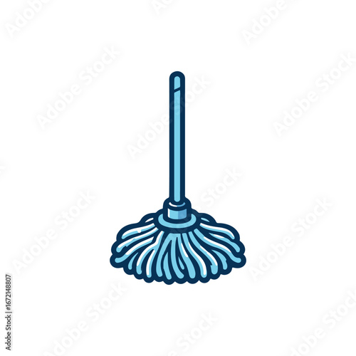 A vibrant blue mop standing upright on a clean surface, ready for cleaning tasks in a bright room