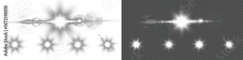 Vector set of glowing lens flares. Isolated star light effects, bright sun rays, sparkles, transparent glare and shiny bursts for realistic photography overlays, graphic design, and illumination.