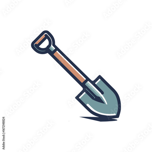 A detailed illustration of a shovel leaning at an angle, emphasizing its metallic blade and wooden handle, set against a plain background, ideal for gardening or construction themes