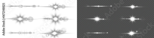 Bright lens flare vector collection. Transparent glow effects, star flashes, shiny rays and glowing light spots for photo overlays, digital design, nature sunshine, sky illumination, and decoration.