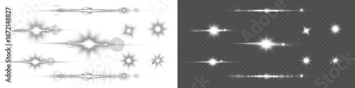Vector lens flare light effects set. Isolated glowing star bursts, shiny flash and transparent light rays with sparkle glare. Realistic sun flare illumination for backgrounds, design, abstract effects