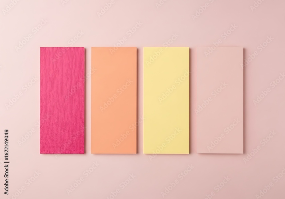 Fototapeta premium Four rectangular sticky notes in pastel colors on a pink background