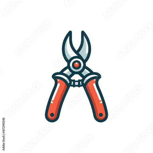 A pair of gardening shears with a shiny blade and bright red handles, set against a clean background