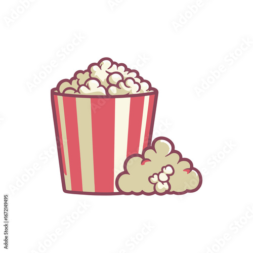 A vibrant illustration of a striped popcorn bucket overflowing with fluffy popcorn, suggesting a fun movie night