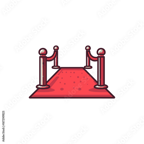 A vibrant red carpet leading to an event entrance, flanked by polished stanchions and ropes