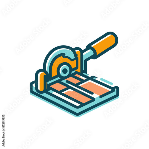 A stylized illustration of a circular saw cutting through wooden planks in a workshop setting
